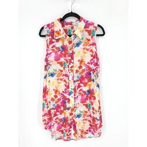 Soft Surroundings Tropical Floral Sleeveless Colorful Button Up Top Tunic M